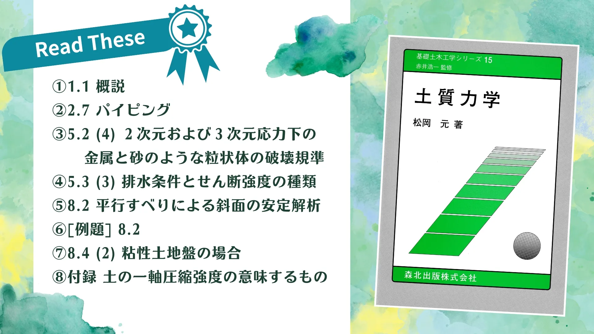 松岡 元：「土質力学 (基礎土木工学シリーズ 15) 」、森北出版、1999.