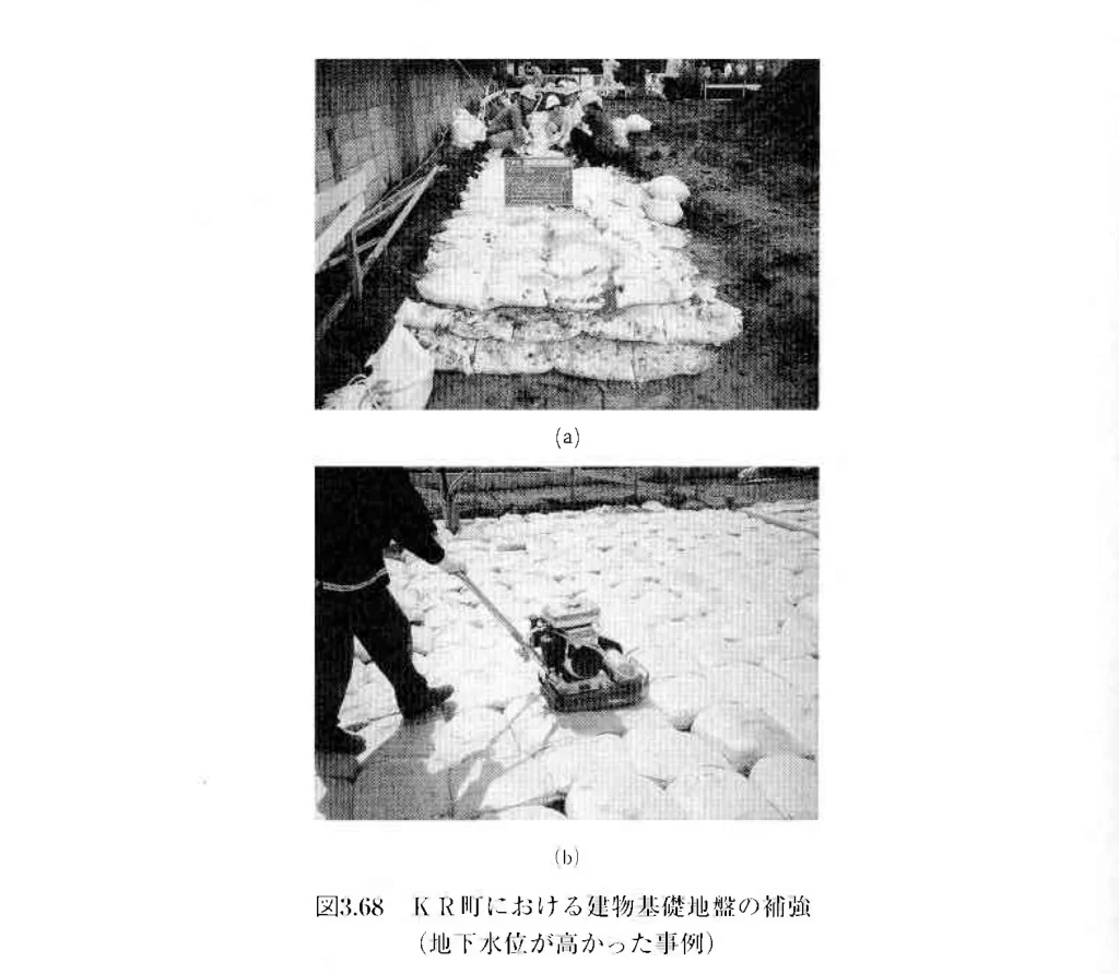 土のう積層体による建物基礎地盤の補強事例　地下水位が高かった