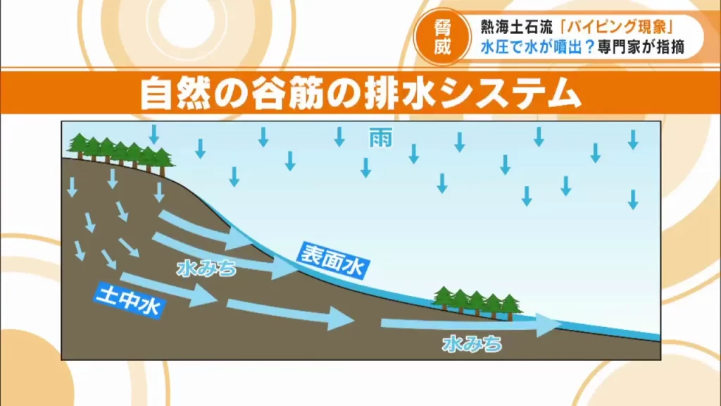 本来、自然の谷筋には、雨水が土の中を通って表面へ逃げる「水みち」という天然の排水システムが存在します。
